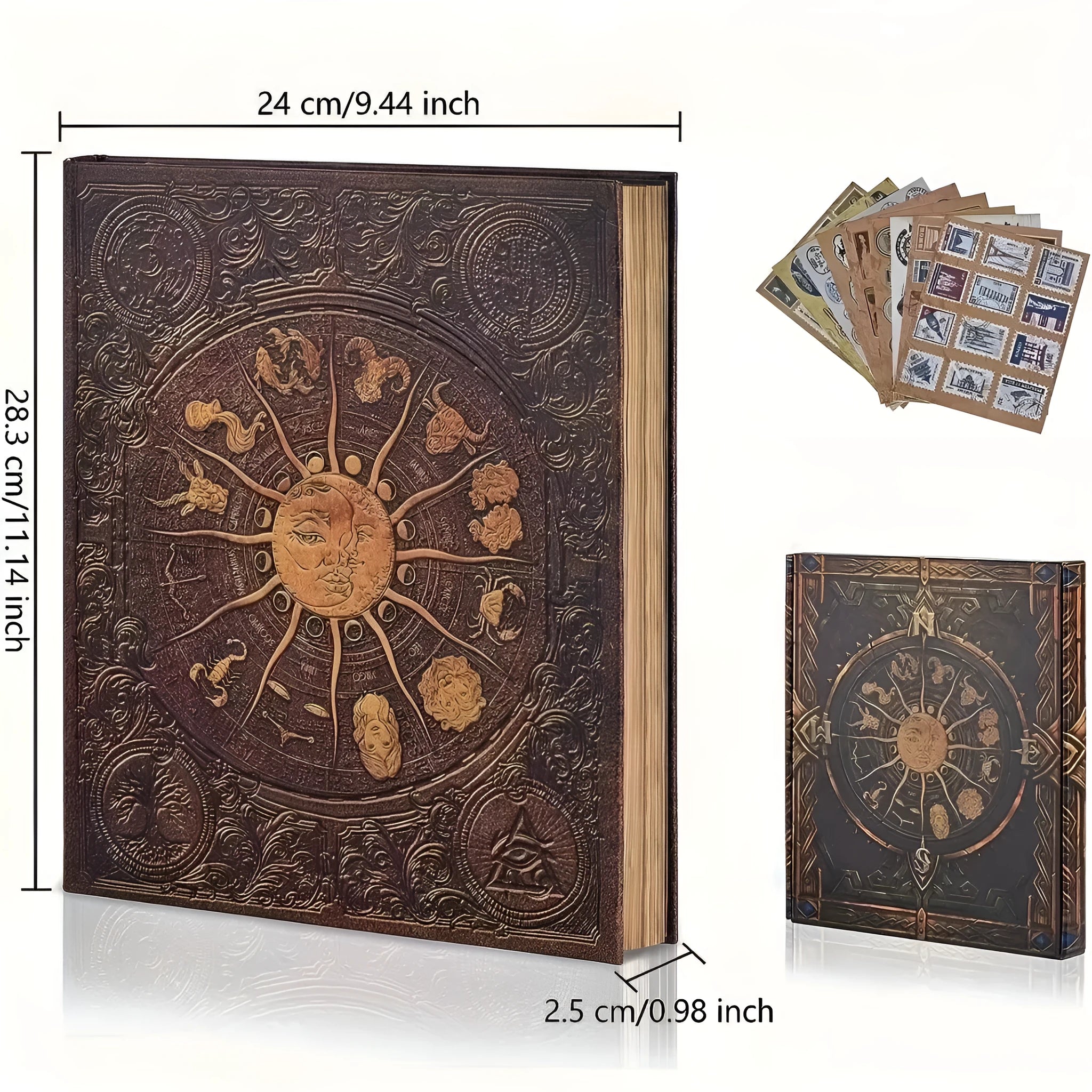 132-page gold photo album with kraft paper pages and hard cardboard cover, 28 x 24.4 cm, displayed open with blank sticky pages.