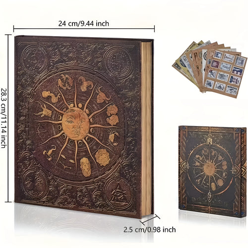 132-page gold photo album with kraft paper pages and hard cardboard cover, 28 x 24.4 cm, displayed open with blank sticky pages.