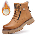 Men's brown high-top leather Martin boots with side zipper and round toe on a non-slip rubber sole.