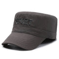 Men's cotton peaked cap with adjustable strap in army green colour showing dome crown and English letter detail