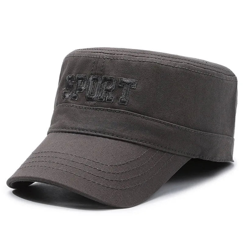Men's cotton peaked cap with adjustable strap in army green colour showing dome crown and English letter detail