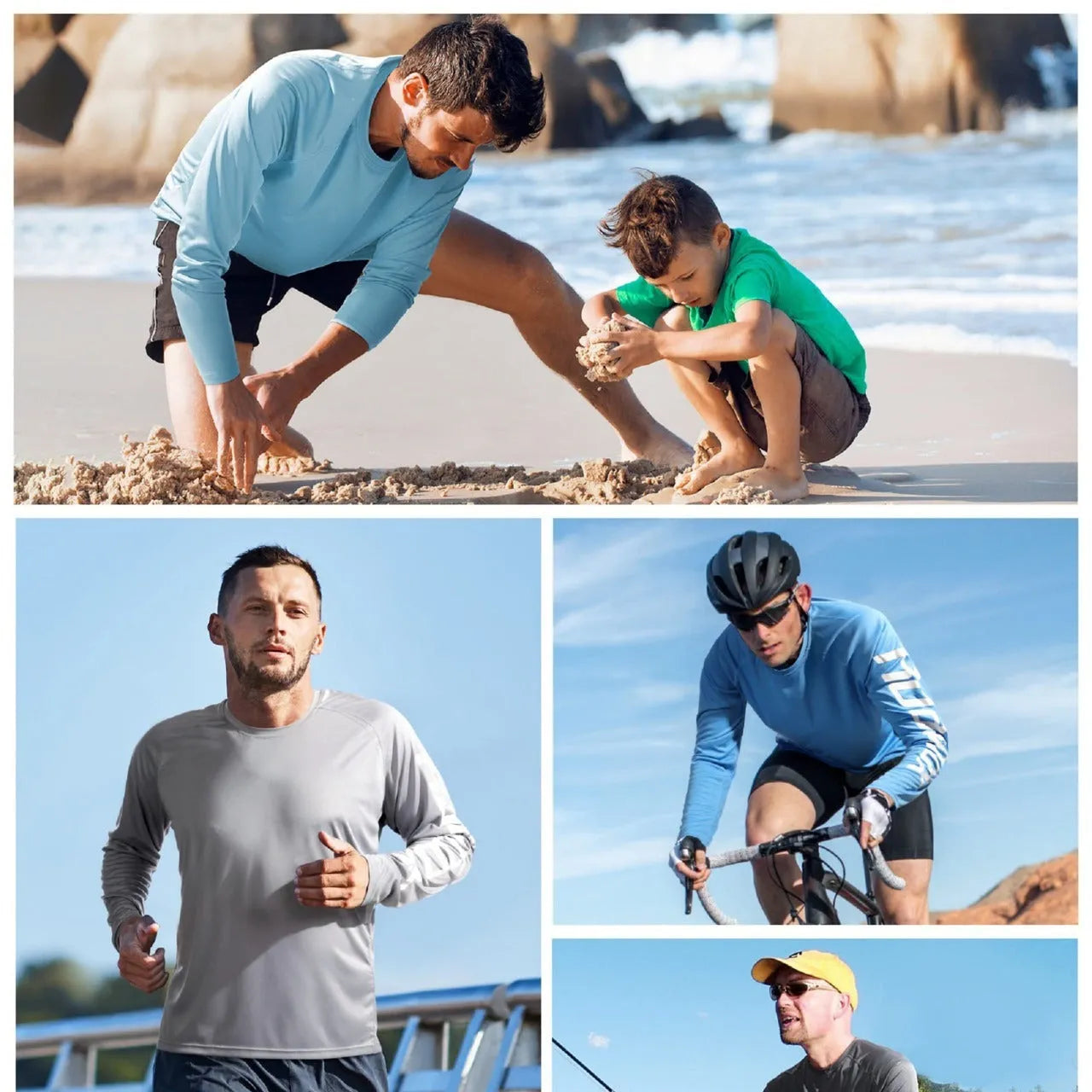 Quick-drying solid colour round neck polyester long sleeve sports top for men with UV protection