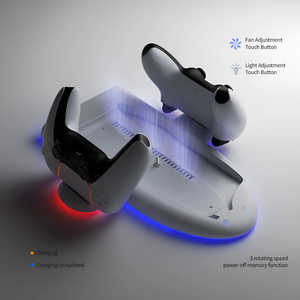 White PS5 Slim charging base with cooling pad and RGB ambient lighting