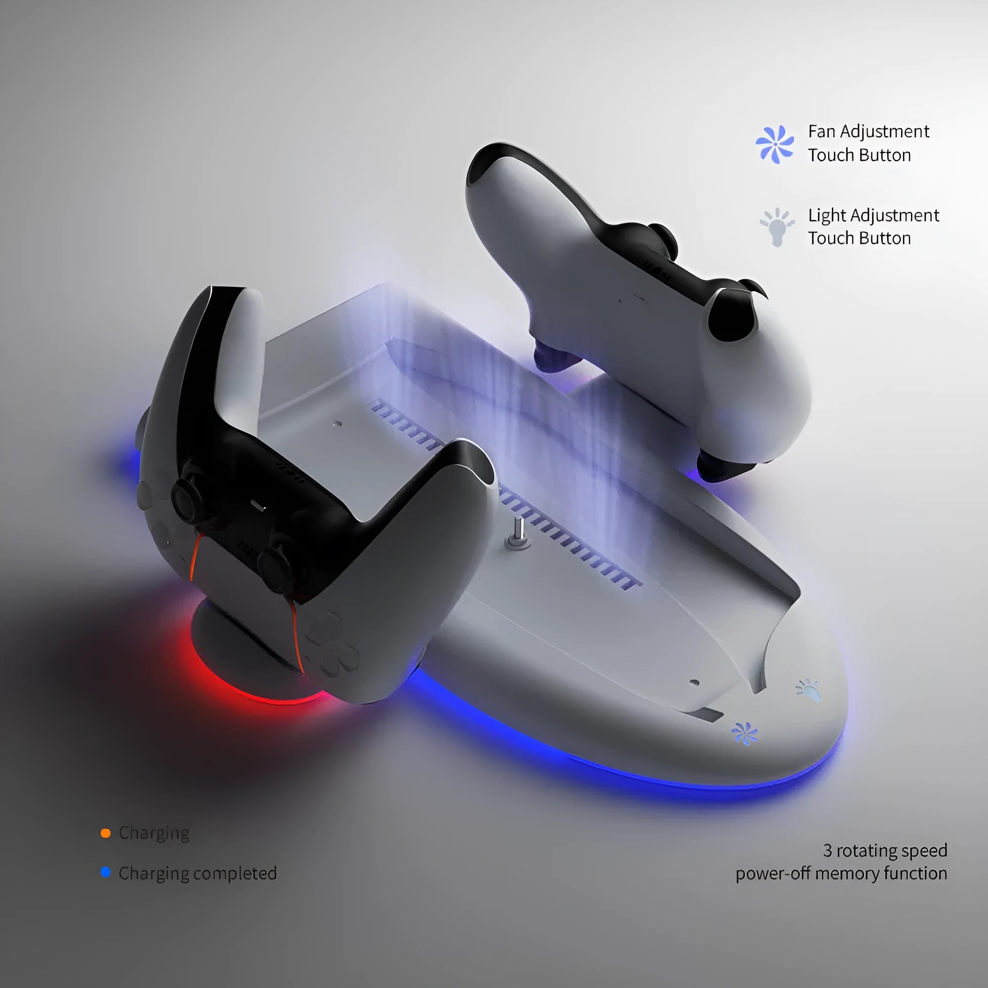 White PS5 Slim charging base with cooling pad and RGB ambient lighting