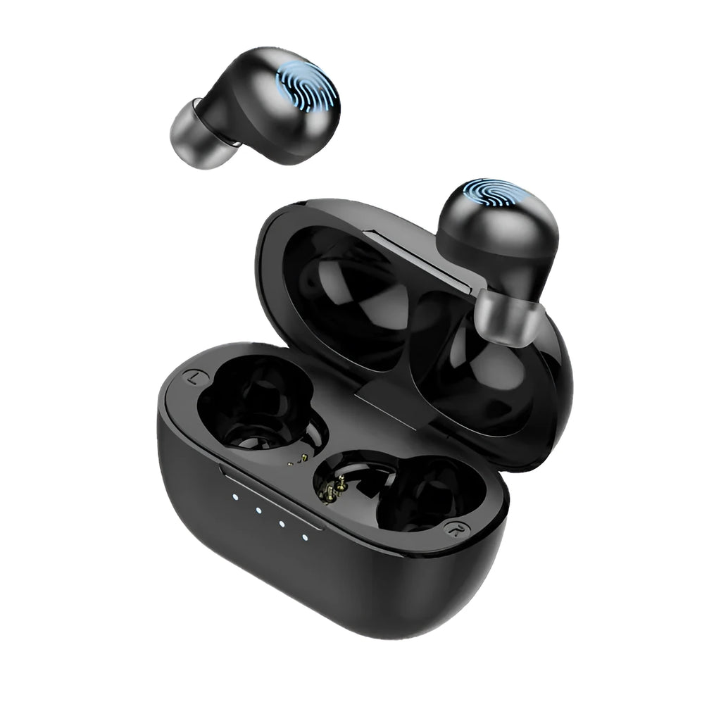 Wireless Bluetooth stereo earbud headset in black with earplug fit