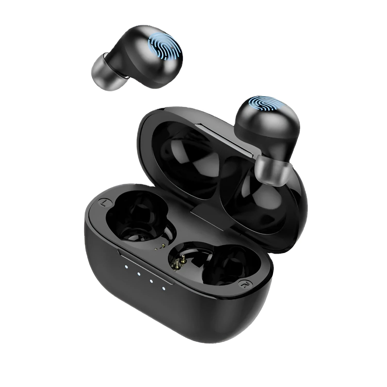 Wireless Bluetooth stereo earbud headset in black with earplug fit