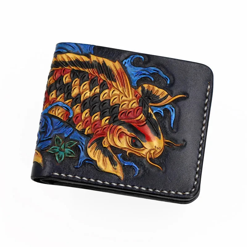 Men's navy blue cow leather short wallet showing six card slots and currency compartment, dimensions 10x12cm.