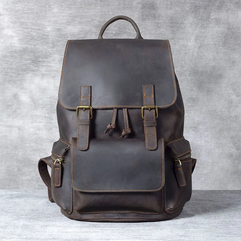 Brown retro crazy horse leather backpack with double shoulder straps and denim lining
