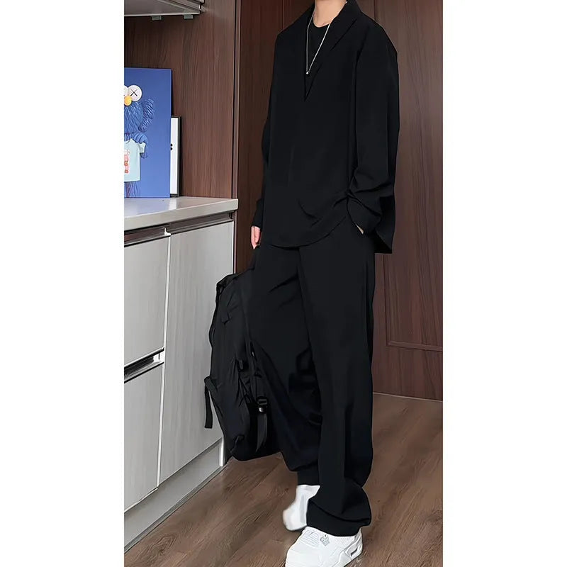 Men's black slim fit polo shirt and trousers two-piece casual suit made from elastic hemp fabric