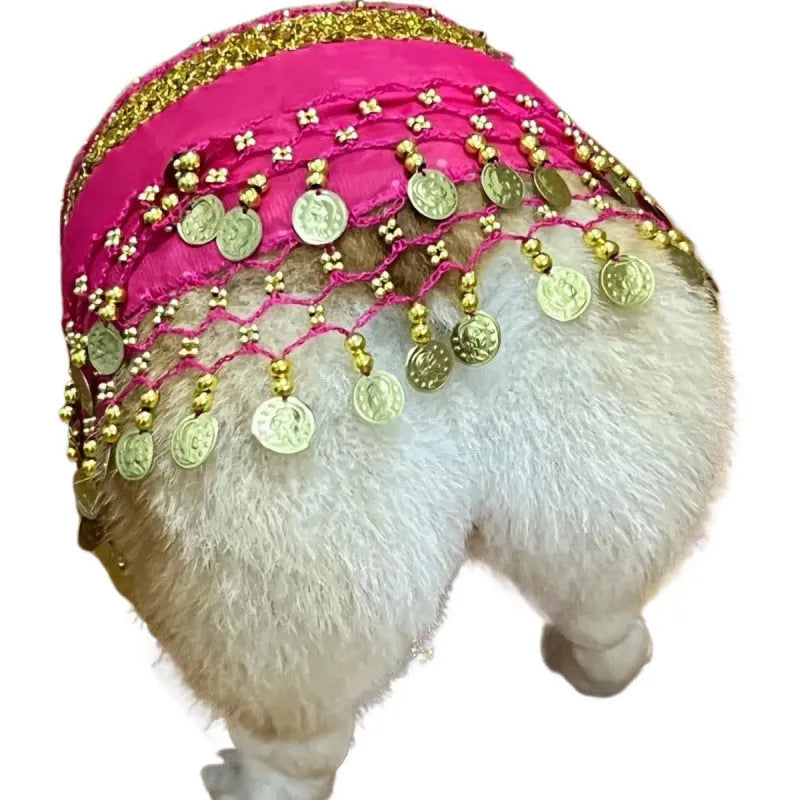 Corgi belly dance hip scarf with sequined waist chain in rose red, red, yellow, purple, sapphire blue and lake blue