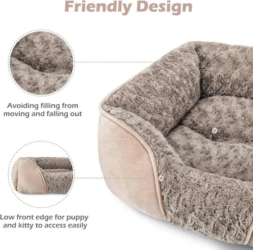 Beige faux fur dog bed with raised stuffed sides and a removable cover, shown in a large size.