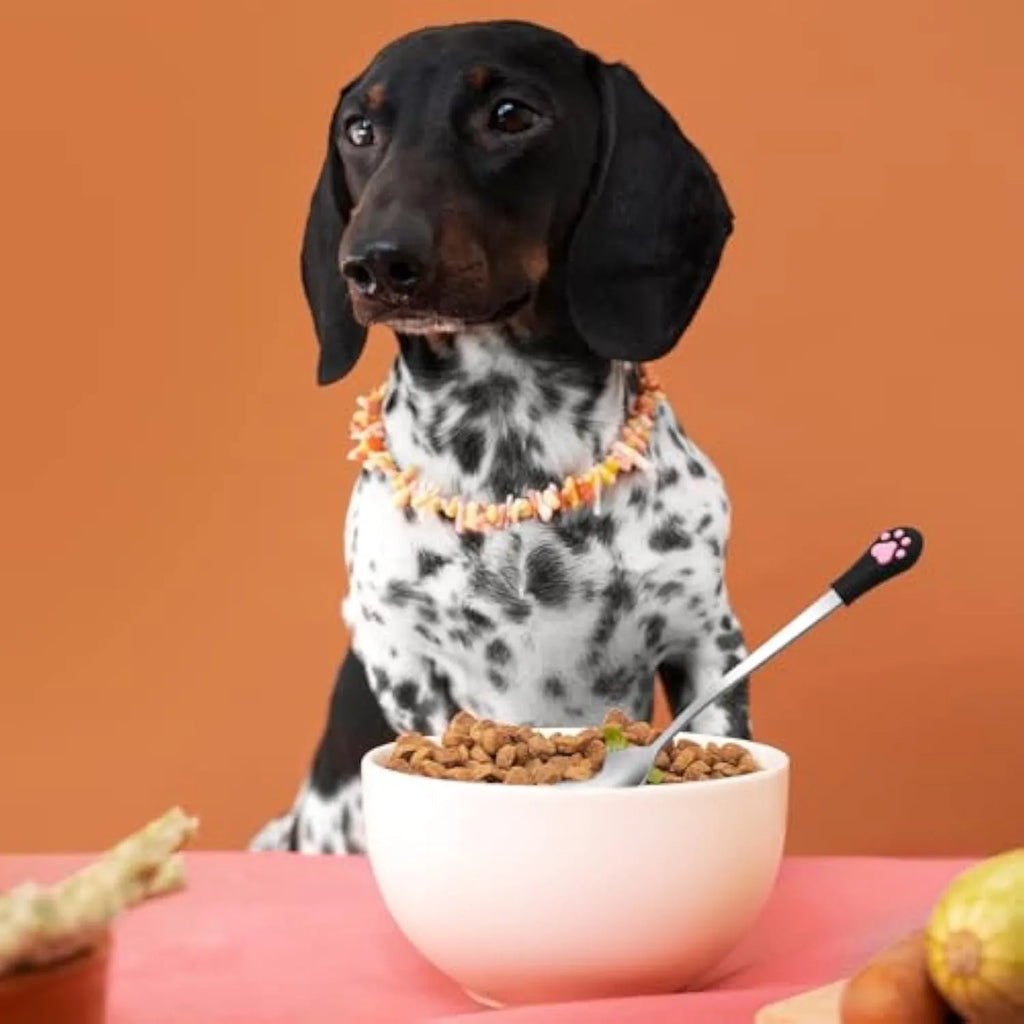 Two stainless steel pet food spoons with silicone grips, one white and one black, featuring a cat paw print.