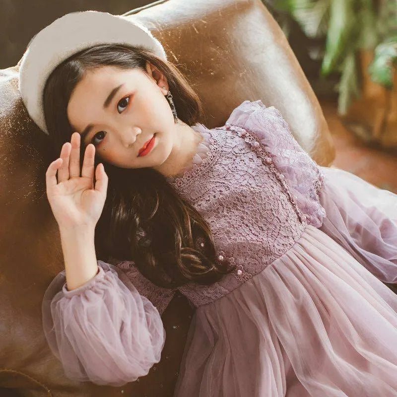 Girls long-sleeved princess dress in apricot with lace trim and petticoat, autumn style