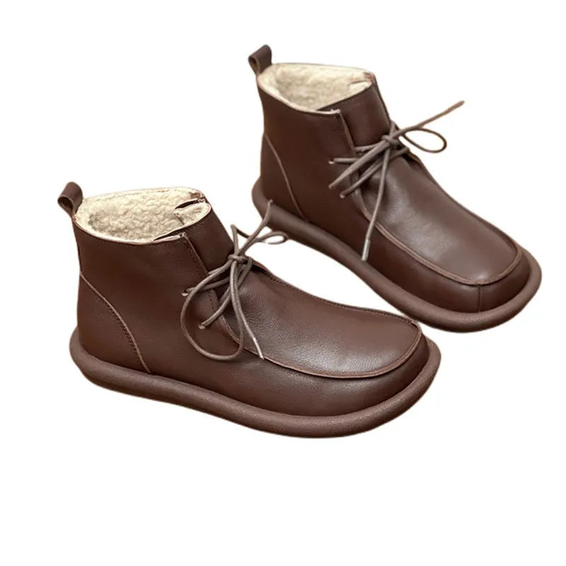 Women's flat heel cowhide boots in black and coffee with optional velvet lining