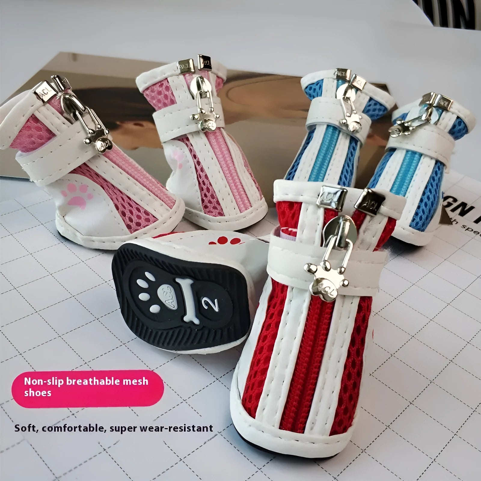 VIP Teddy Schnauzer blue cloth dog shoes with front zipper and non-slip sole, shown as a set of four.