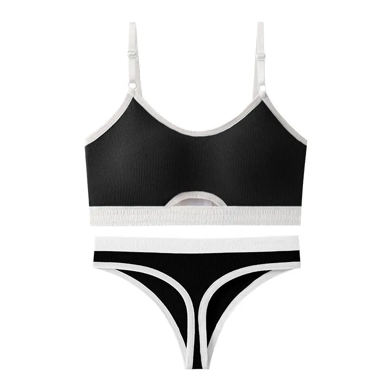 Beauty back sports bra and briefs set in contrasting colour with moulded cup and fixed shoulder straps.