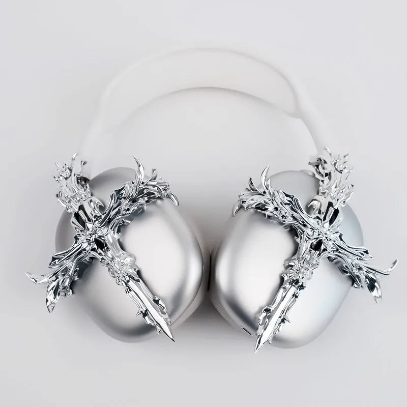 Gothic cross resin headphone cover for Apple AirPods Max in silver colour.