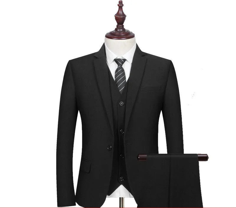 Men's slim fit black business suit set with waistcoat, shirt, and trousers, flat collar, back slit, acetate fibre blend