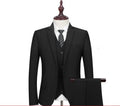 Men's slim fit black business suit set with waistcoat, shirt, and trousers, flat collar, back slit, acetate fibre blend