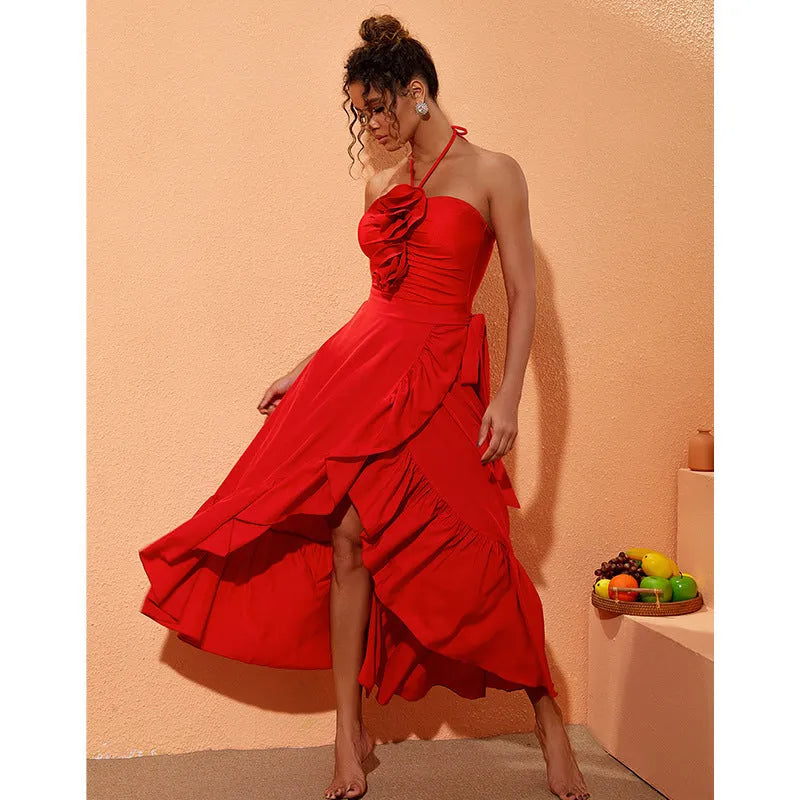 Red women's one-piece V-neck halter swimsuit with detachable long skirt on a mannequin.