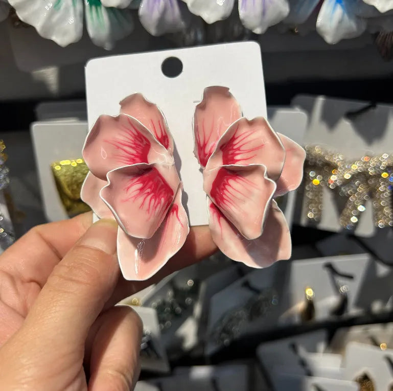 Alloy electroplated flower stud earrings with oil-spot glaze finish in four colour options