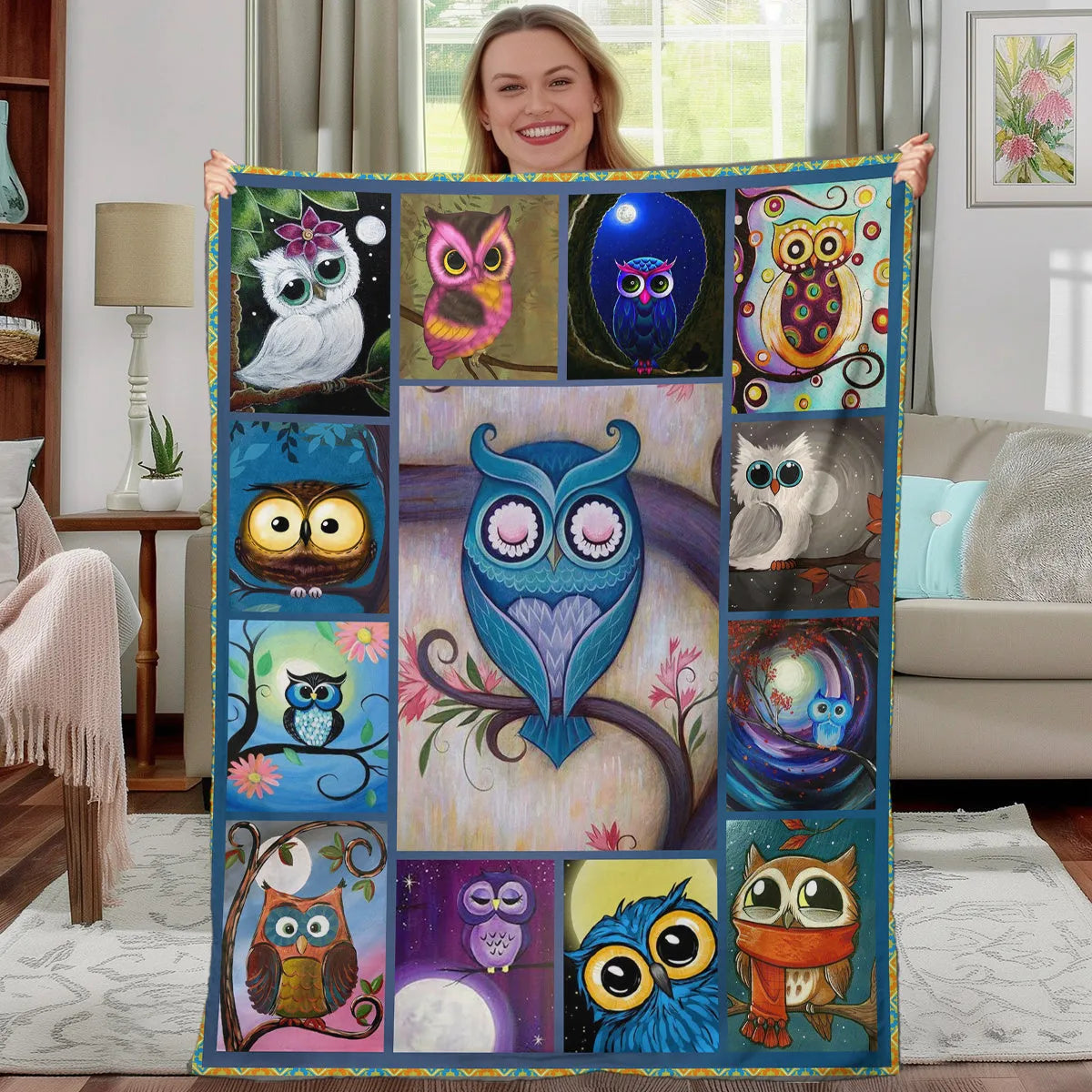 Soft flannel owl pattern blanket in multicolour, available in 75x100cm, 130x150cm, 150x200cm sizes