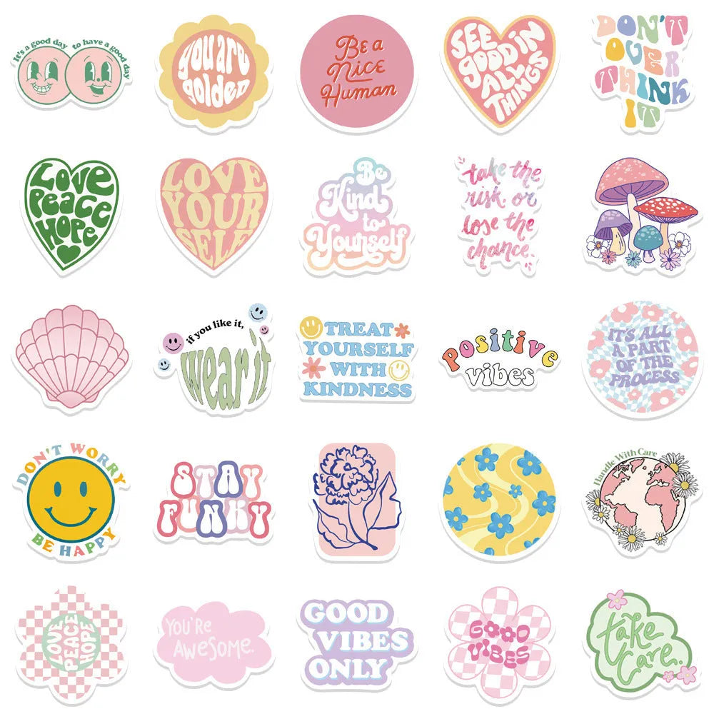 Danish pink motivational statement stickers with graffiti cartoon designs sized 4-6cm