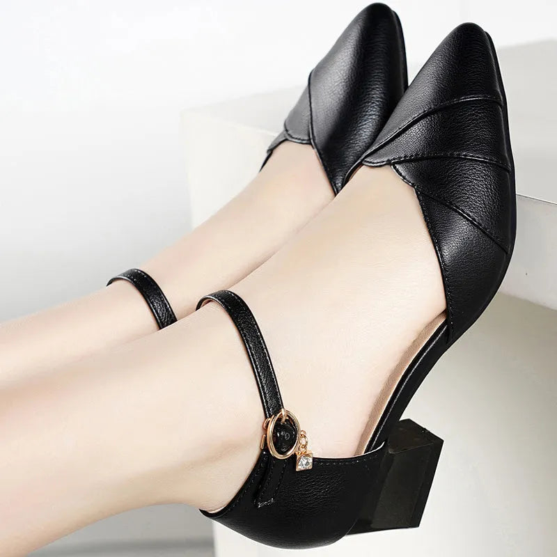 Women's high-heel sandals with square toe and buckle strap in apricot or black colour.