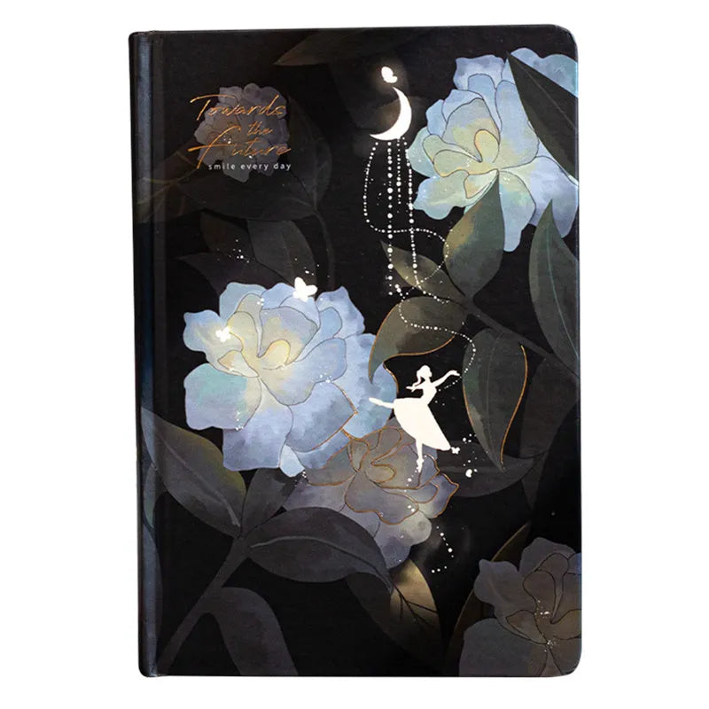 A5 hardback notebook with luminous cover open to show colour illustrated pages.