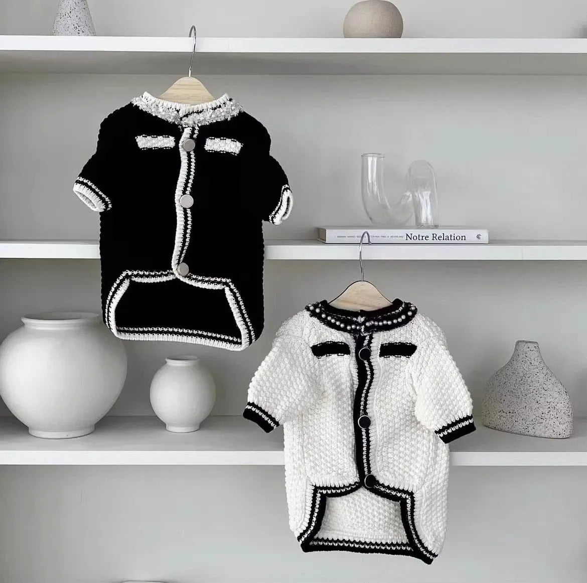 Korean style white pearl collar dog sweater on small puppy showing princess-style pet clothing