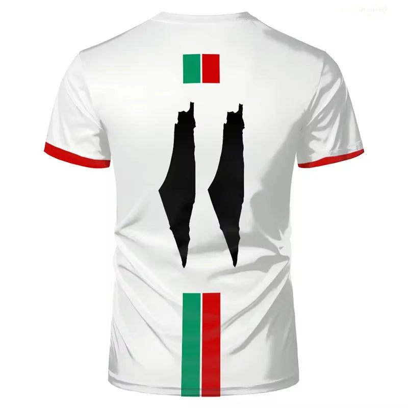 Black 3D printed football T-shirt on a hanger, showing the raised pattern and half-length sleeves.