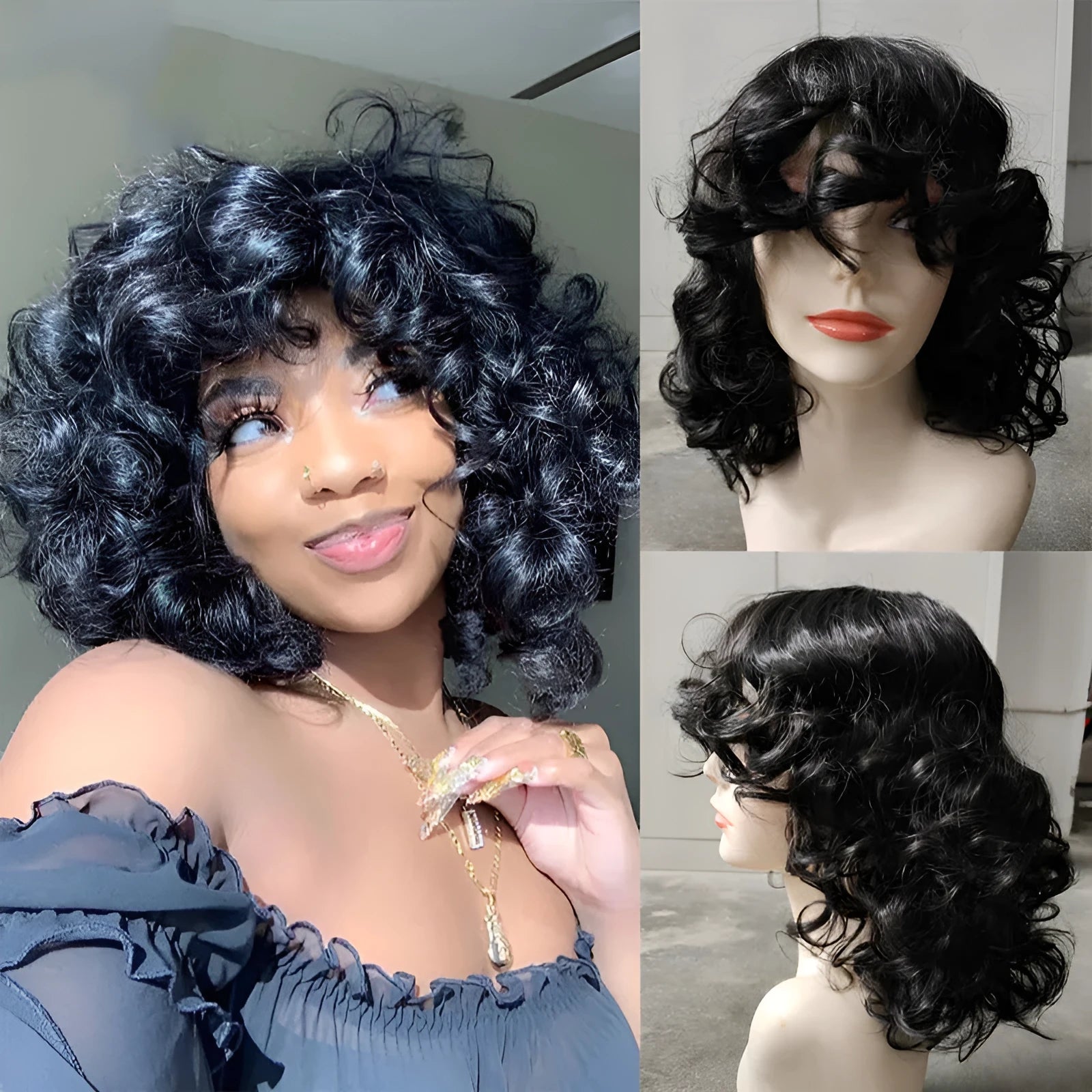 Black synthetic Afro wig with long curly African style for women, heat-friendly high temperature fibre construction