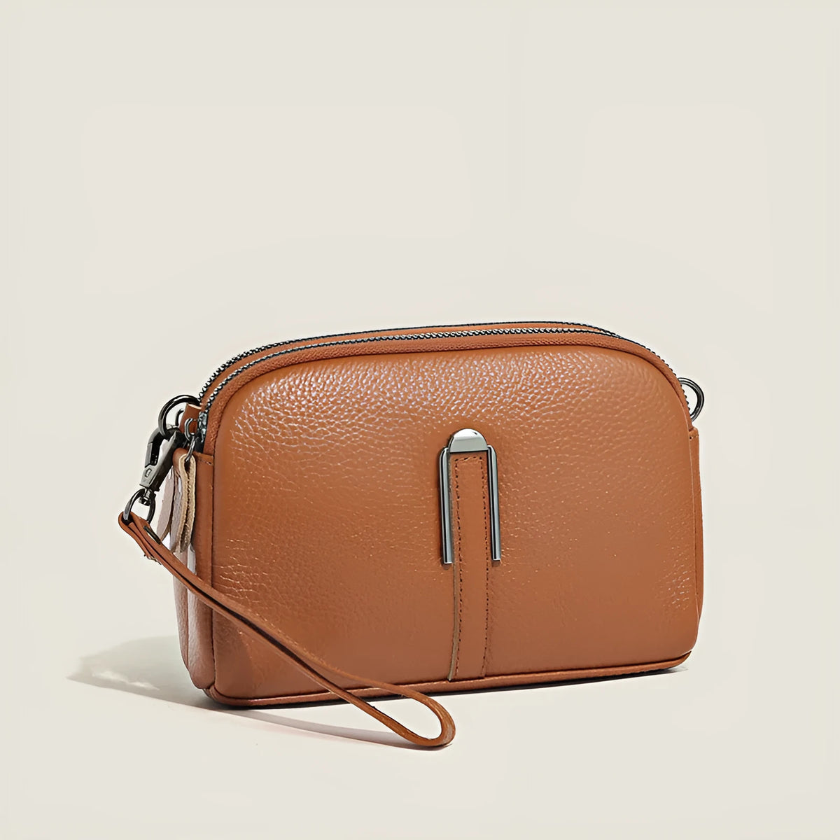 Minimalist top-grain leather crossbody bag in khaki with splicing detail and inner pockets