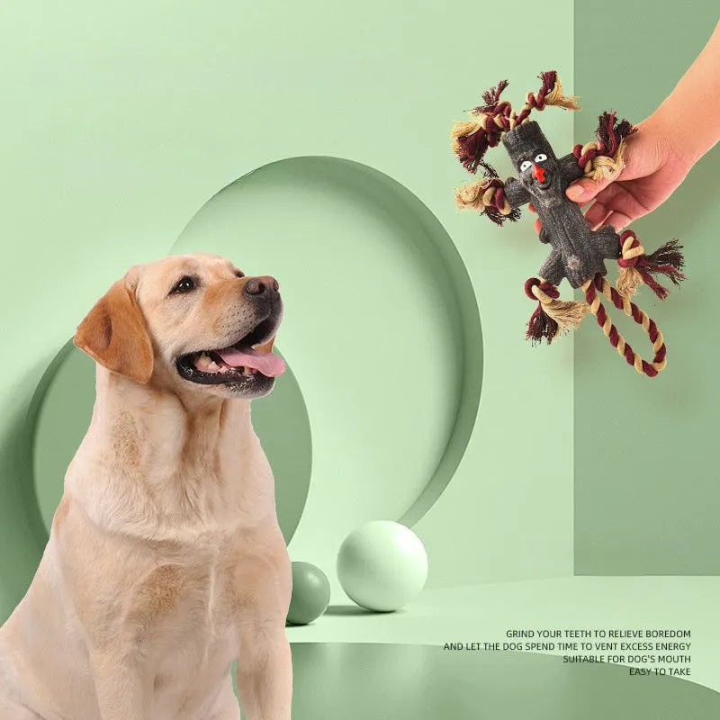 Large dog toy with rubber log shape, TPR knot, and rope for fetch and tugging, suitable for heavy chewers