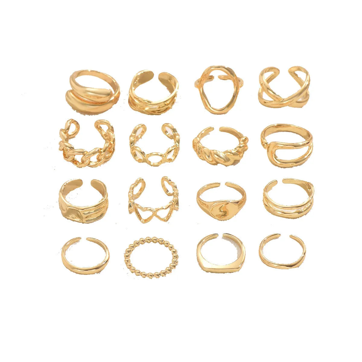 16-piece women's open ring set in silver or gold with love and geometric designs