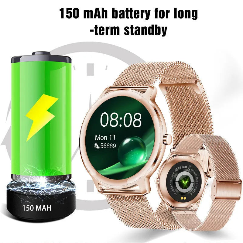 Women's rose silver stainless steel smart watch with 1.3-inch touch screen on wrist