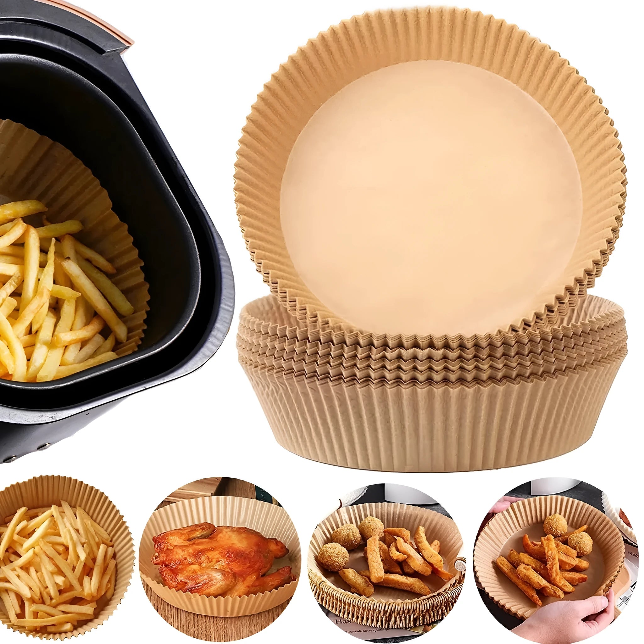 Disposable Air Fryer Paper Liners Food-Grade Parchment Baking Accessories Oil-Proof Non-Stick Round Bowl Shape 16cm Diameter 4.5cm Height 50-Piece Pack for Air Fryer Microwave Oven Steamer Natural Colour