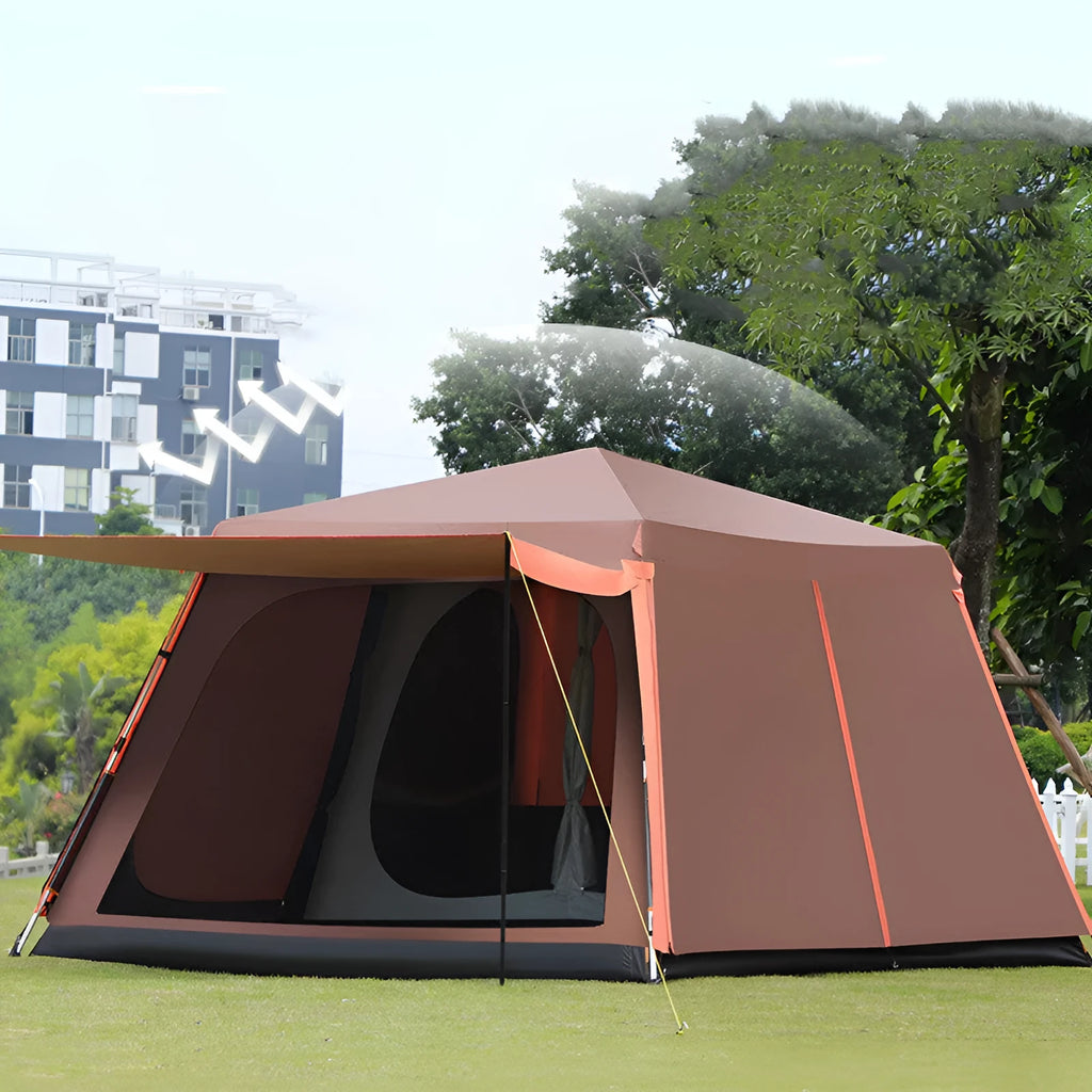 Outdoor fully automatic aluminum pole double-layer camping tent for 5-8 people in green with waterproof Oxford cloth