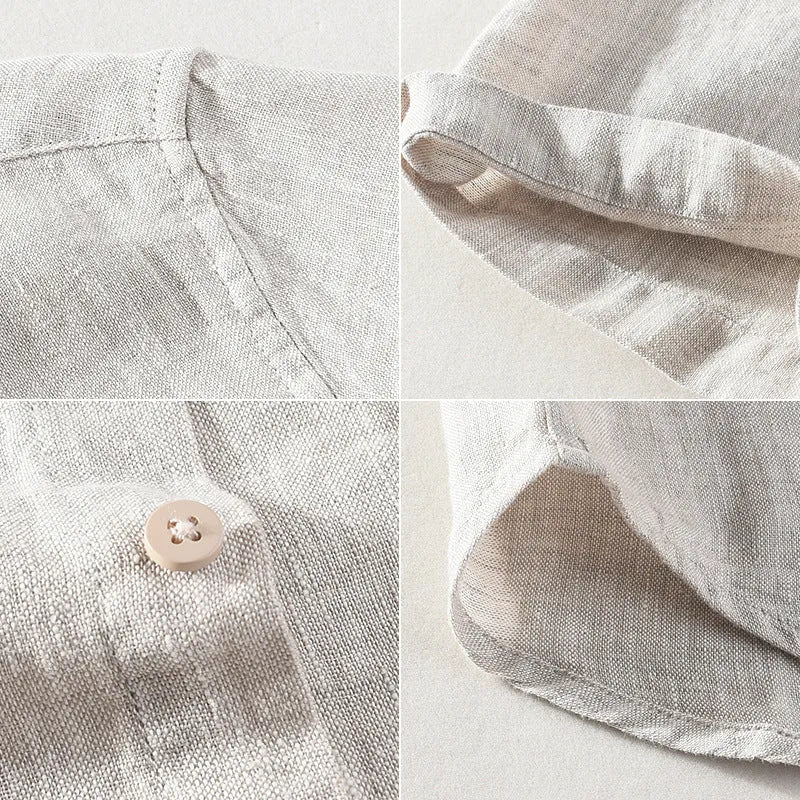 Men's light grey linen short sleeve shirt with a square collar, laid flat.