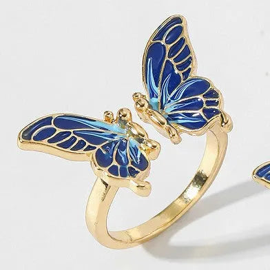 Butterfly-shaped pearl ring in imitation gold on adjustable alloy band