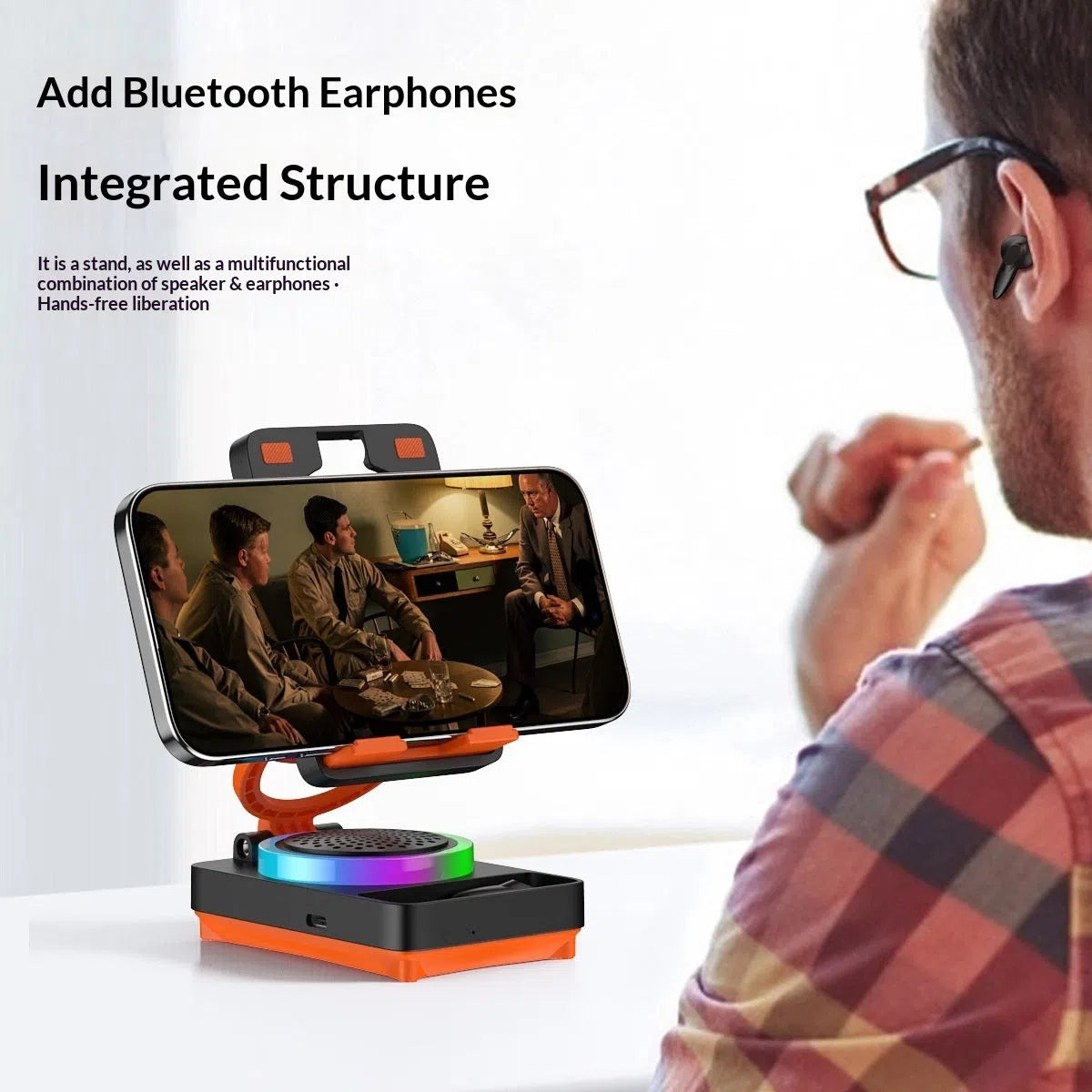 TF27BOX multifunctional mobile phone holder in black with built-in speaker on desk
