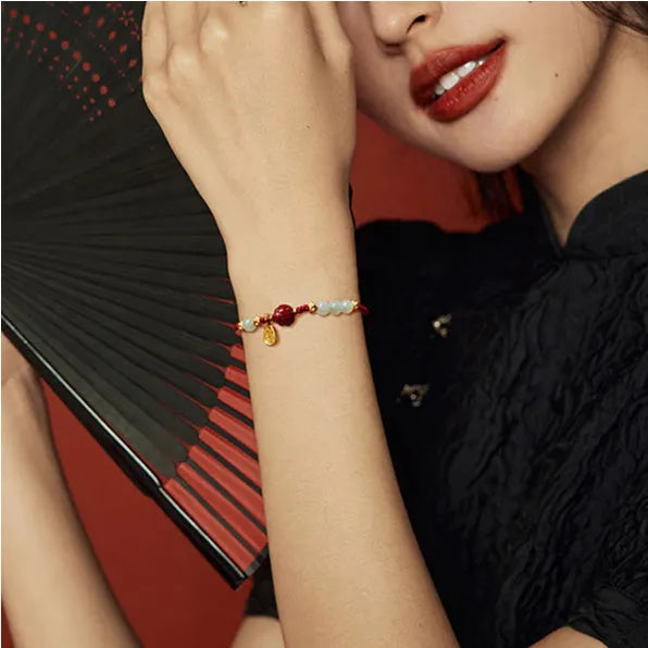 Women's adjustable 925 silver Hetian jade bracelet with cinnabar red rope chain