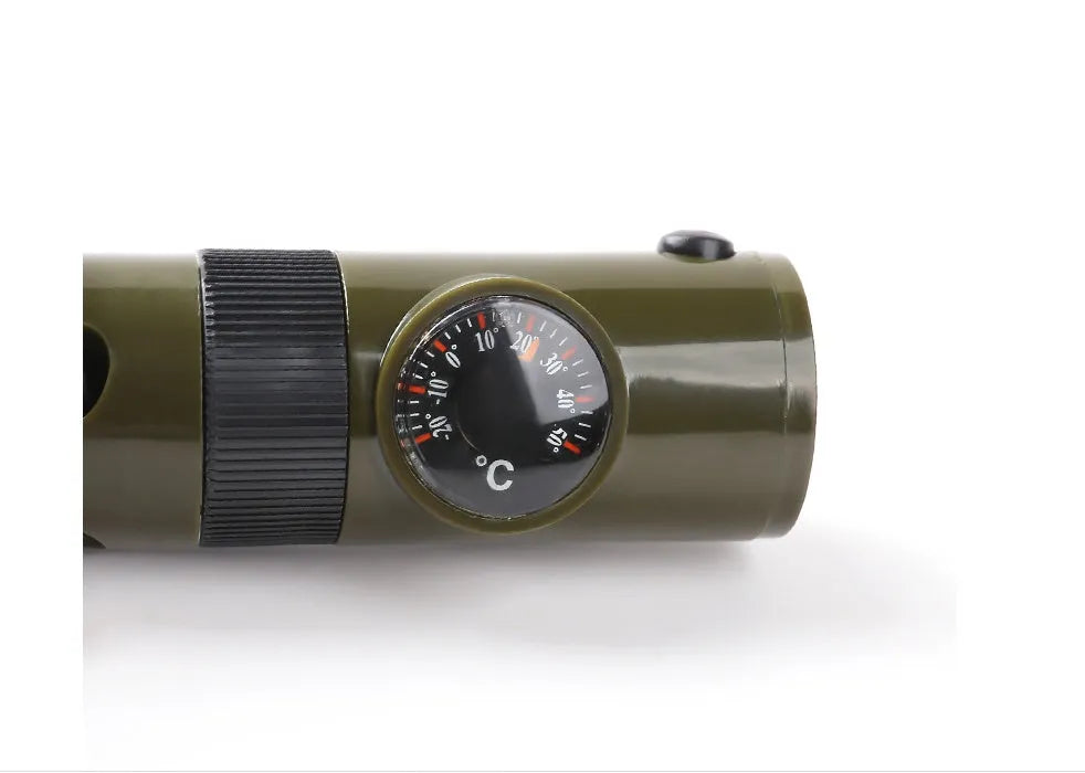 Outdoor Professional Seven-in-one Multifunctional Survival Whistle in army green with compass and whistle features