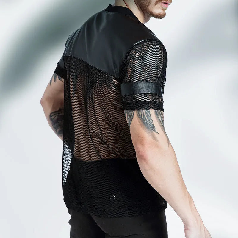 Black men's breathable mesh sports T-shirt with V-neck design and stitching detail