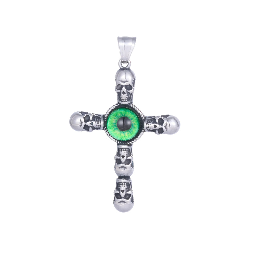 Stainless steel cross skull green eye pendant, geometric U-shaped men's pendant on dark background