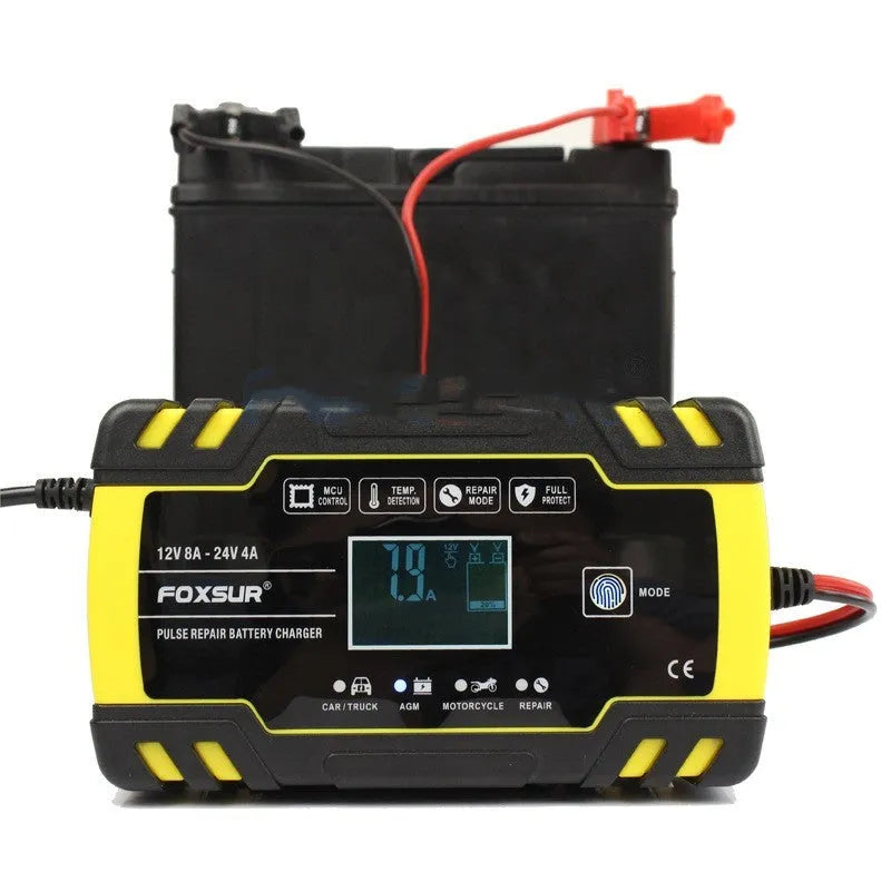 12V 24V motorcycle and car battery charger unit with a digital display screen on the front.