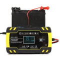 12V 24V motorcycle and car battery charger unit with a digital display screen on the front.