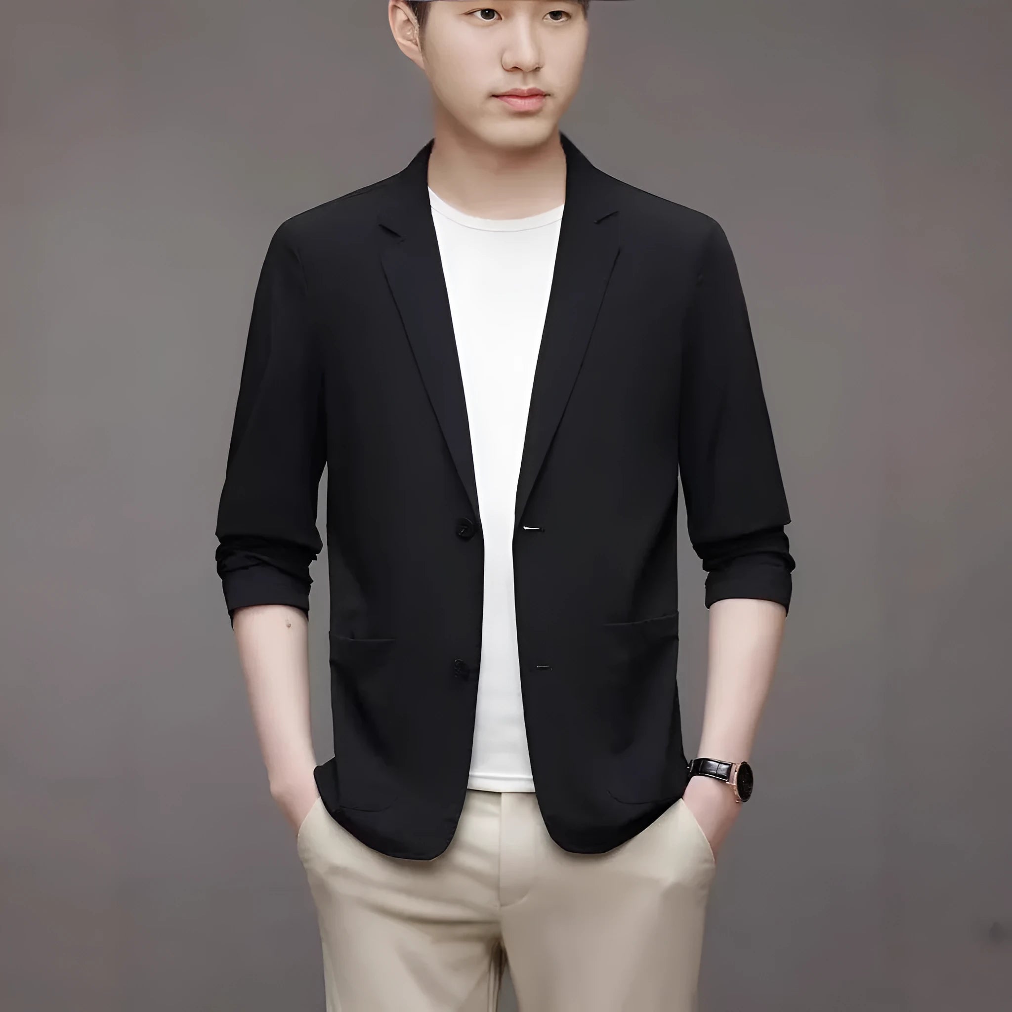 Ice silk men's lightweight casual stretch suit jacket in black with non-iron polyester fabric