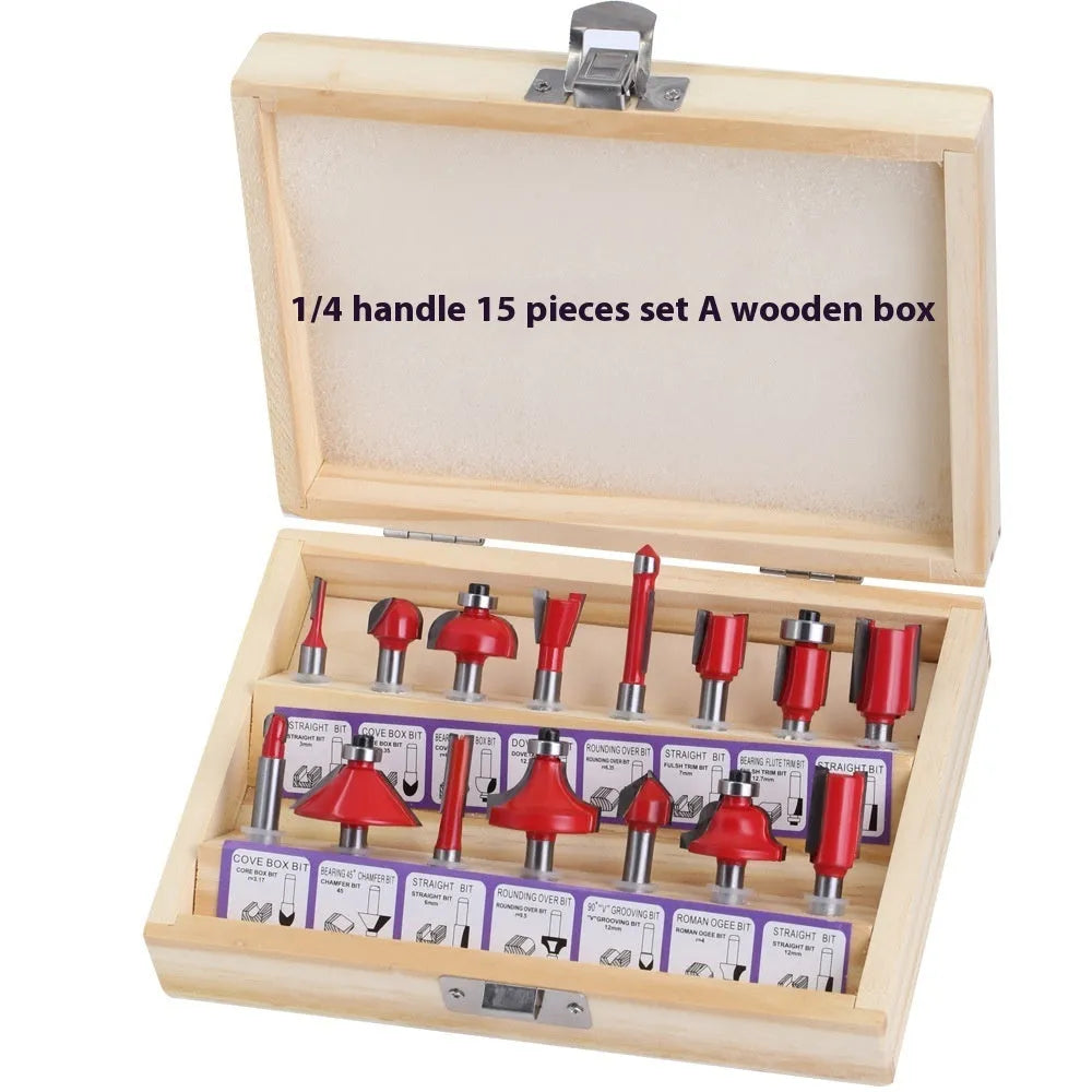 15-piece router bits set with 1/4-inch shank hard alloy cutter heads in red case