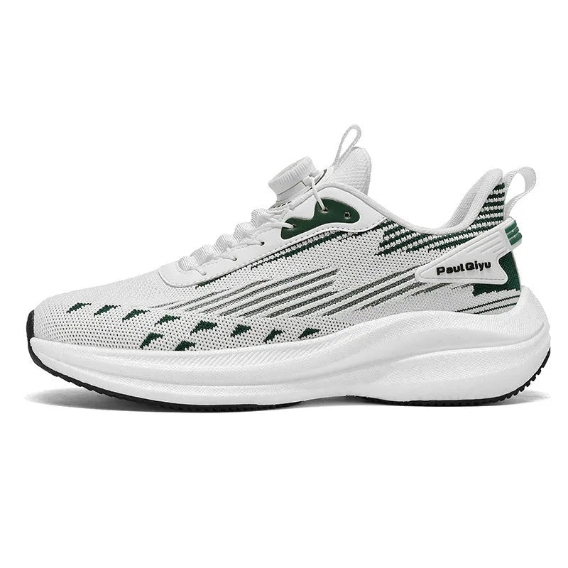 Men's white green and grey Fly-kit mesh sports shoes with rotating buckle closure and lace-up front